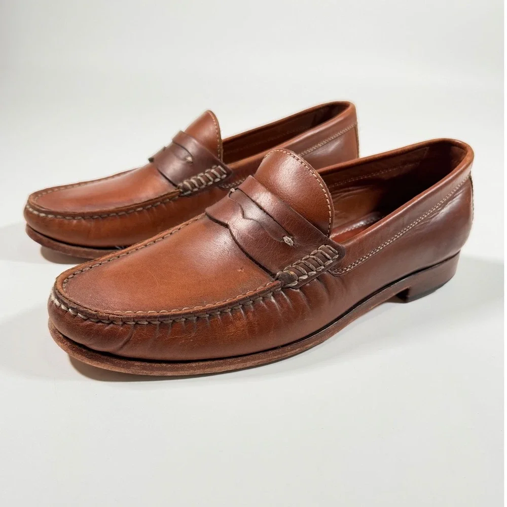 Trask Genuine Handsewn Brown Leather Penny Loafers Men's 10.5M Made in Italy